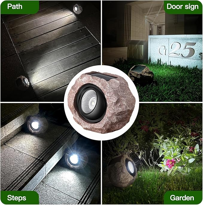 4 Pack Solar Rock Lights Outdoor Angle Adjustable Solar Lights Outdoor Waterproof LED Solar Garden Lights Auto On/Off Landscape Lighting for Yard Pathway Patio Flower Bed - White Glow (Stone Brown)