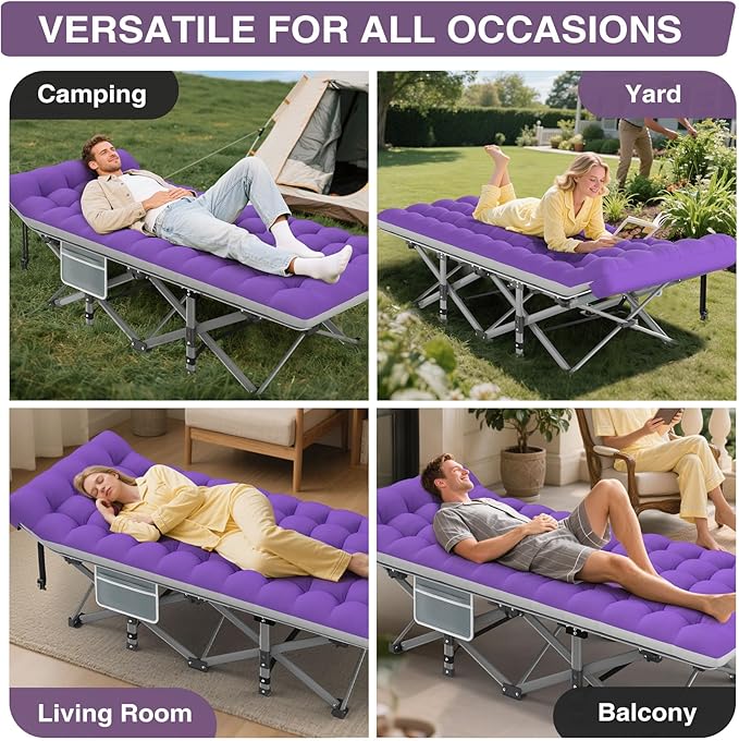 ZENPETIO 28In Folding Camping Cot for Adult Portable Sleeping Cot with Mattress Outdoor Heavy Duty Cot Bed for Camp with Carry Bag for Home Office Camp Travel Vacation-Purple
