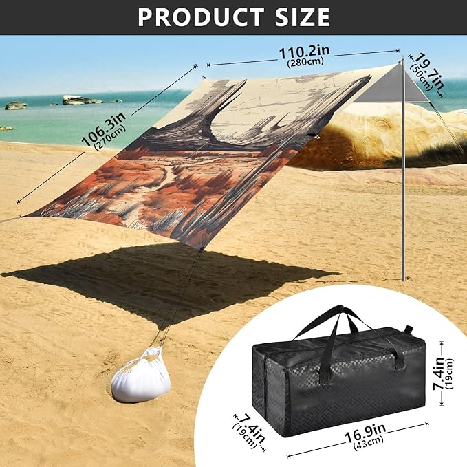 Cactus Desert Landscape Beach Tent Sun Shelter 9.2' x 10.5' Beach Canopy with 4 Sandbags 4 Stability Poles Sand Shovels - Tent Canopy for Beach Camping Fishing Picnics