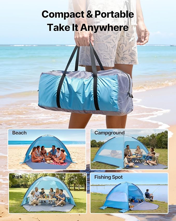 VEVOR Beach Tent Sun Shelter for 6 Person UPF 50+ Protection Portable Sun Shade Beach with Carrying Bag &amp Sand Pockets Lightweight and Easy Setup Beach Umbrella for Camping Fishing Outdoor Picn