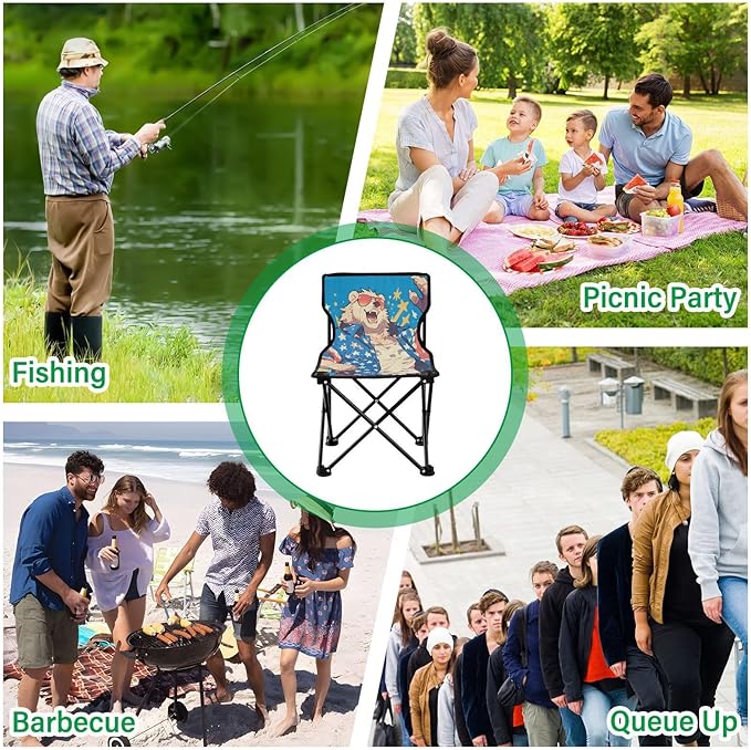 KLL Cartoon Cool Spectacled Bear Patriotic Color Collapsible Foldable Chairs Indoor Ultralight Beach Chair Backpack Includes Carry Bag Hiking Chair for Outside Lawn