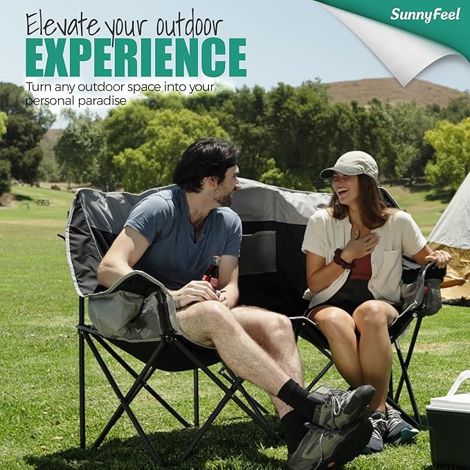 SUNNYFEEL Double Camping Chair Portable Folding Loveseat with Cup Holders Heavy Duty Steel Frame Gray