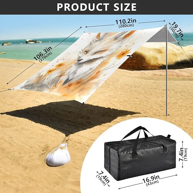 ALAZA Cute White Fox Beach Tent Sun Shelter UPF50+ Protection Beach Shade Canopy w/ 4 Sandbags for Outdoor Camping Fishing Backyard Fun Picnic 10x9 ft