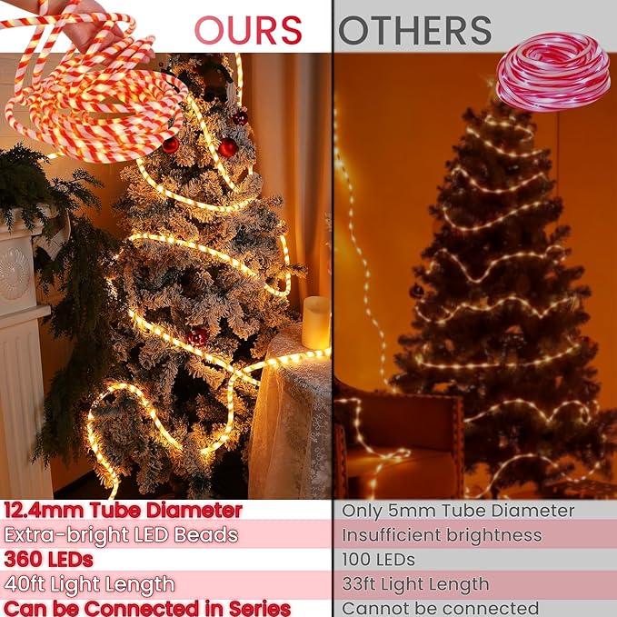 360 LED Christmas Lights 40 FT Candy Cane Rope Lights Waterproof Xmas Tree Light Connectable Tube Light Plug in for Indoor Outdoor Garden Yard Holiday Wedding Festival Party Decoration