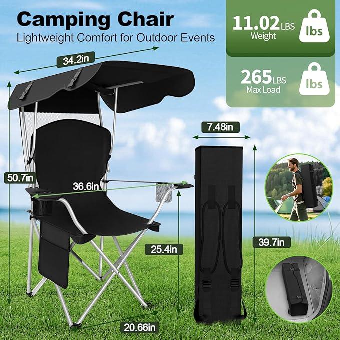 Portable Camping Chair with Canopy - Folding Chair with Canopy Durable 600D Oxford Canopy Chair for Camping Beach Picnics Fishing &amp Sports