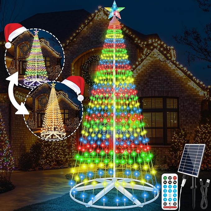 8Ft Solar Powered Christmas Cone Tree Lights with 444LEDs &amp Star Topper Remote Control 11 Modes Dimmable IP65 Waterproof Timer for Indoor Outside Yard Holiday Decoration Warm White &amp Mul