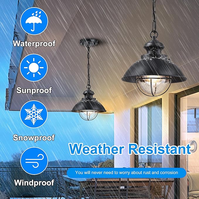 Outdoor Hanging Lights Farmhouse Exterior Pendant Light Lantern with Adjustable Chain Matte Black Outdoor Chandelier with Seeded Glass for Front Porch Gazebo Entryway Breezeway Pergolas