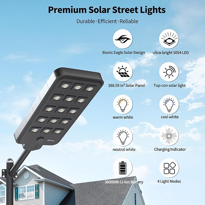 Ofuray Of-15000W Solar Street Lights OutdoorCommercial Dusk to Dawn Flood Light with Motion Sensor IP67 Waterproof 150LED High Power Security Lighting for Parking Lot Yard(Tri-Color)