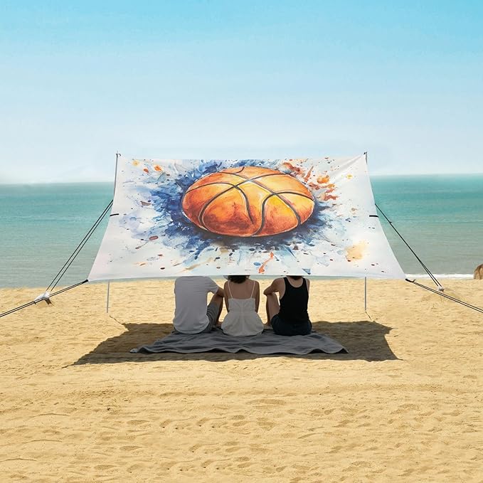 ALAZA Watercolor Basketball Beach Tent Sun Shelter UPF50+ Protection Beach Shade Canopy w/ 4 Sandbags for Outdoor Camping Fishing Backyard Fun Picnic 10x9 ft