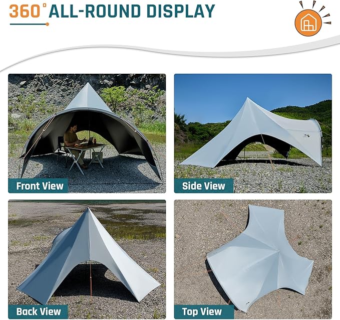 Large Blackout Camping Tarp with Poles Waterproof Shade Canopy Tent Tarp Sun Shade Shelter for Outdoor Camping Backyard Picnic - Included Guy Lines &amp Luminous Tent Stakes Gray