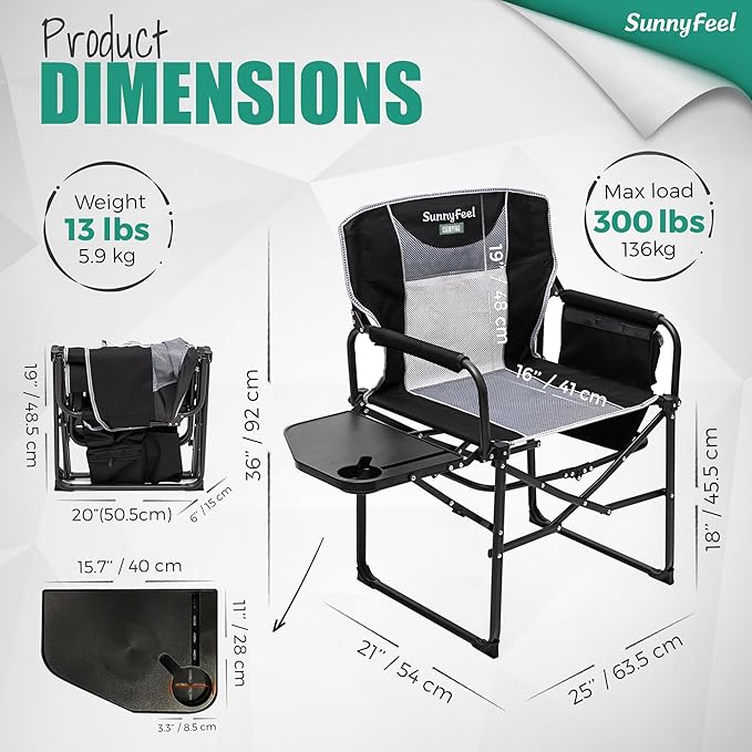 SUNNYFEEL Camping Directors Chair Heavy DutyOversized Portable Folding Chair with Side Table Pocket for Beach FishingTripPicnicLawnConcert Outdoor Foldable Camp Chairs