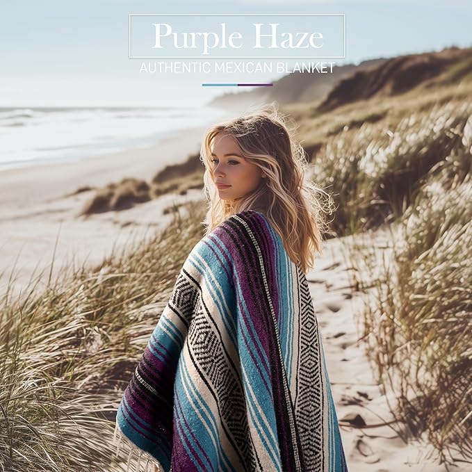 Hydration Nation Authentic Extra Large Mexican Blanket (70x50) - Handwoven Yoga Serape- Artisanal Falsa Beach Camping Picnic Outdoor - Purple Haze