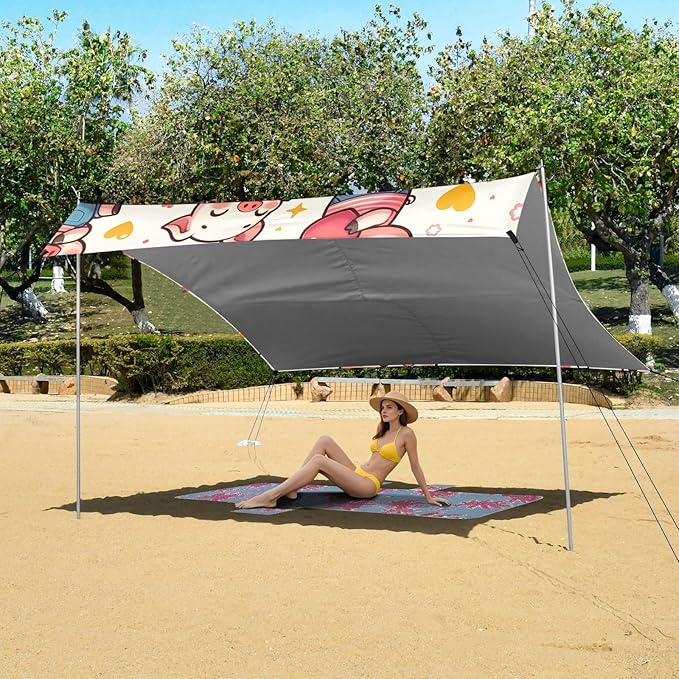 Cute Pig with Heart Camping Sun Shelter Beach Tent Portable Beach Sun Shade Outdoor Canopy for Camping Trips Fishing Picnic