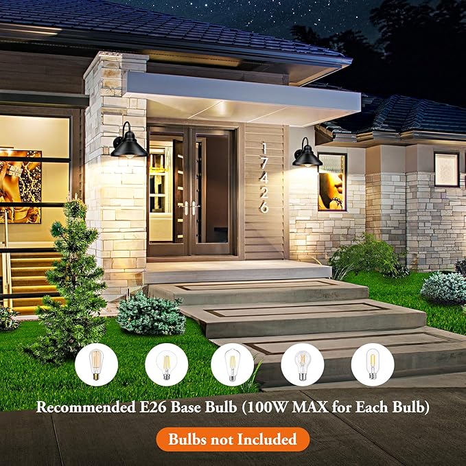 Brightever Gooseneck Outdoor Wall Sconces 2-Pack Large 10.23IN Farmhouse Barn Lights for Porch Industrial Black Exterior Wall Lights for Garage Patio E26 Base Anti-Rust Bulb not Included
