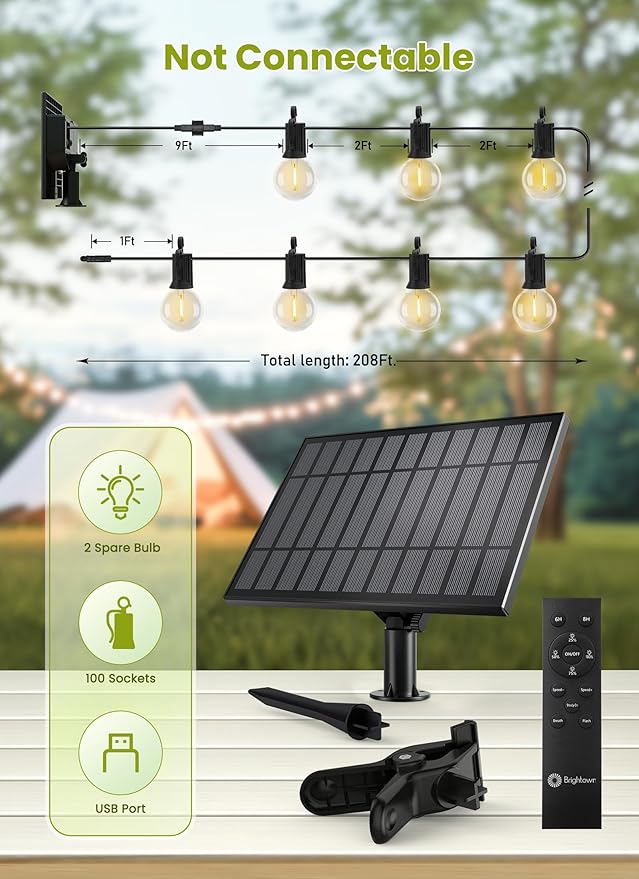 Brightown 208FT Solar String Lights Outdoor Waterproof with Remote Solar Patio Lights with 100 Shatterproof LED Bulbs 3 Light Mode Dimmable &amp Timer Hanging String Lights for Porch Garden Bistr