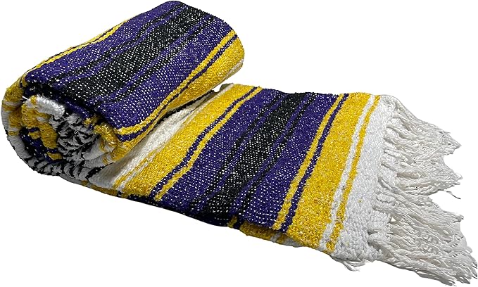 Genuine Oversized Artisan Mexican Falsa Yellow Purple Blanket (72inx48in) -Authentic Handcrafted Yoga Blanket Beach Throw Camping Essential Picnic Mat or Outdoor Wrap