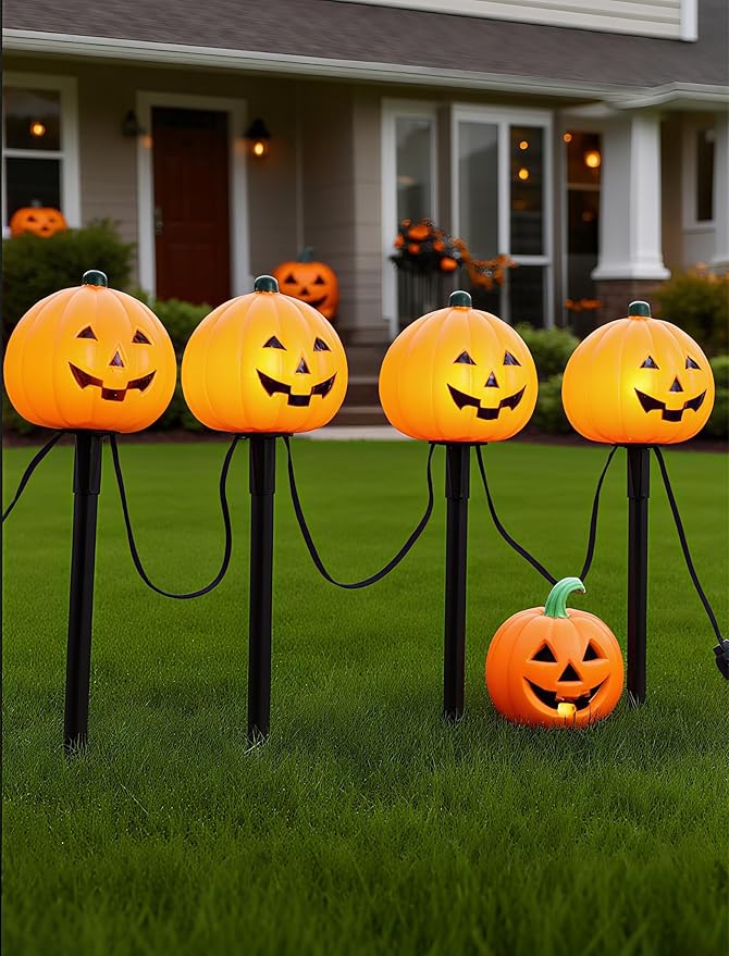 4 Pack Halloween Pumpkin Pathway Marker Lights with C7 Clear Bulbs 7Ft Pumpkin Night Light with 4 Stakes Extendable Waterproof Pathway Decor for Yard Porch Lawn Pathway Garden Chirstmas