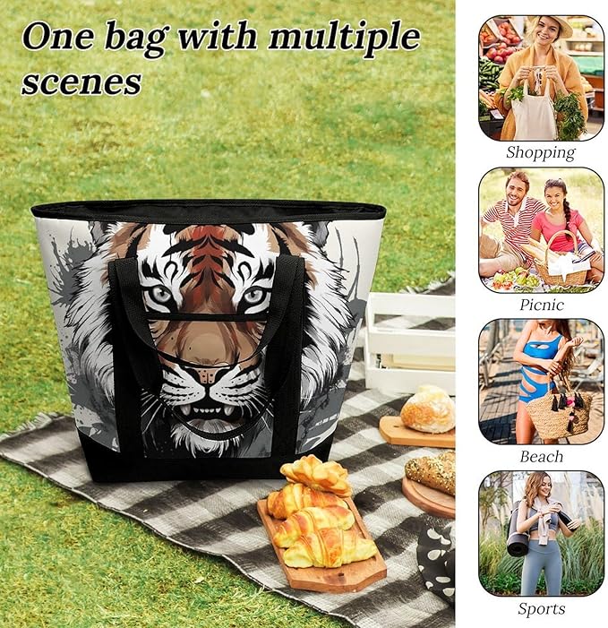 Insulated Shopping BagLarge Reusable Cooler Bags Black And White Doodle Tiger Printed Foldable Shopping BagTravel Waterproof Shoulder Bag