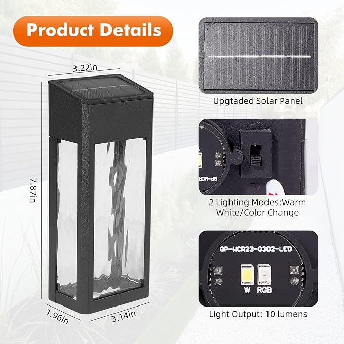 Solar Outdoor Lights 4 Pack Textured Glass Solar Wall Lights for Yard Fence Porch and Garage with 2 Modes Body in Aluminum and Waterproof