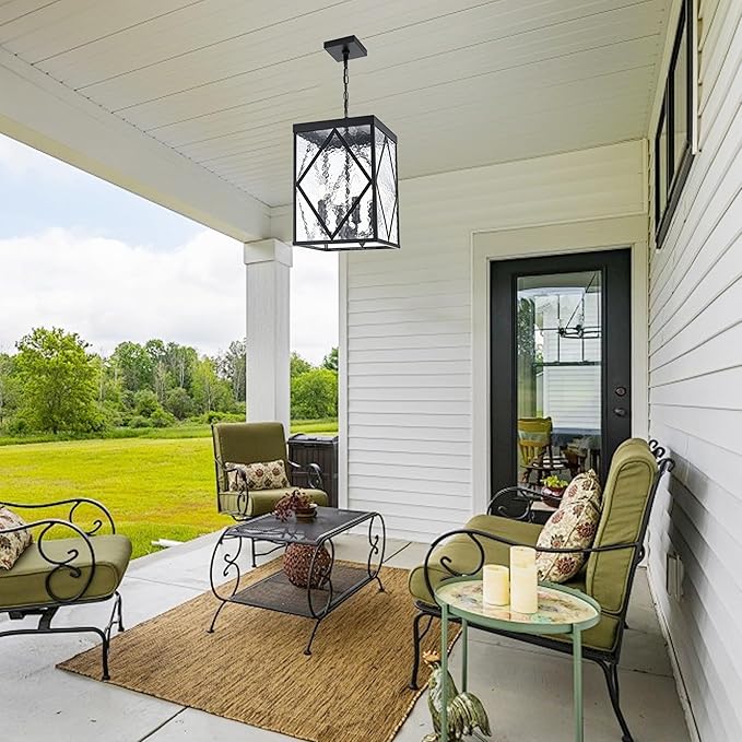 Outdoor Pendant Light with Water Ripple Glass 4-Light Exterior Hanging Porch Light Large Lantern Pendant Light Waterproof Black Outside Chandelier for House Front Door Patio Entrance