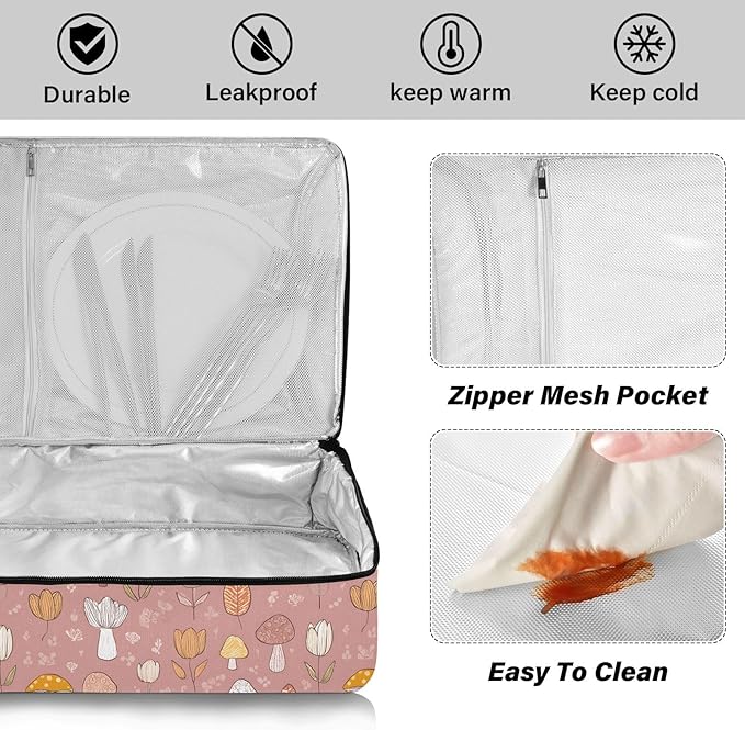 Casserole Carrier Cute Mushrooms and Tulips PrintInsulated Casserole Carrier for Hot or Cold Food Thermal Lunch Tote for Potluck Parties Picnic Beach Fits 9 x 13 Inches Baking Dish
