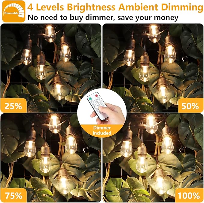 Mlambert 96Ft(2x48ft) 3-Color in 1 48Ft LED Dimmable Outdoor String Lights with Remote Plug-in 2700K/4000K/5000K Waterproof Lights for Patio Cafe