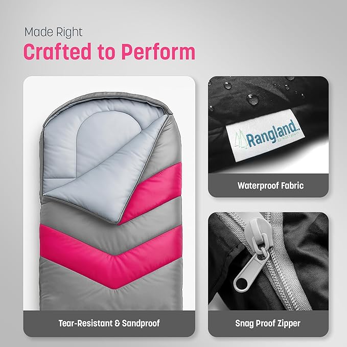 Kids Sleeping Bag with Built-in Pad (Fits Up to 4'6) All-in-One Inflatable Mattress Pad with Built-in Foot Pump - for Sleepovers Camping and Travel (Gray/Pink)