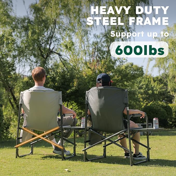 Oversized Directors Camping Chair Set of 2 Support 600 LBS Heavy Duty Folding Outdoor Chairs with Detachable Side Pocket and Adjustable Side Table for Outside BeachLawnFishing (Red)