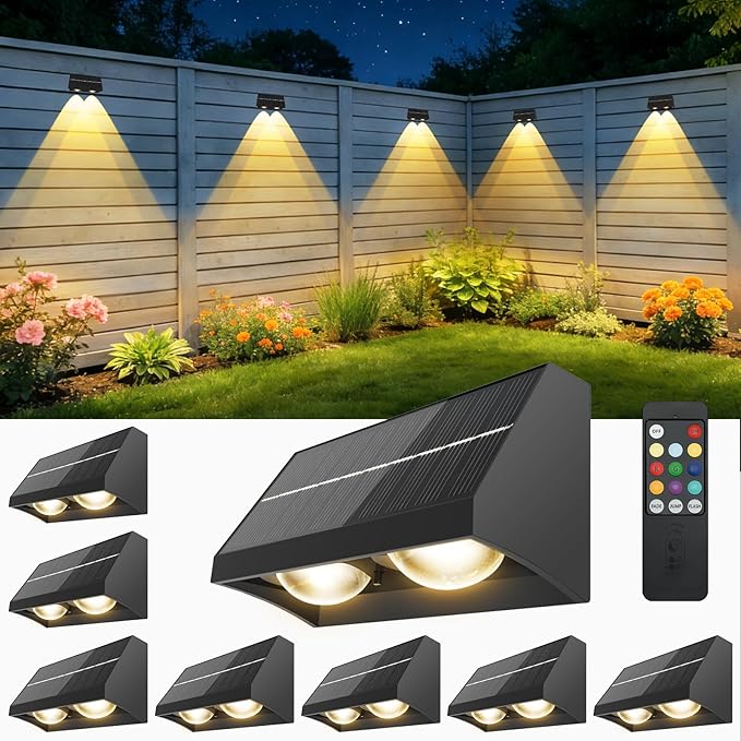 Solar Fence Lights Outdoor with Remote Control RGB Color Changing &amp Warm/Cool White LED Deck Lights High Brightness Dusk to Dawn Spot Lens for Deck and Step Stair Railing Patio Wall IP65 Waterp