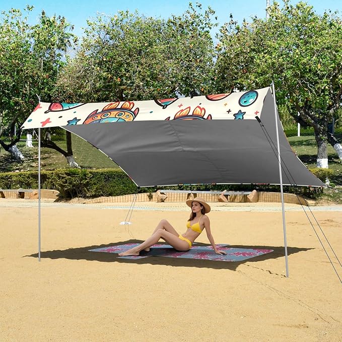 Cartoon Spaceship Cute Spaceship with The Word Camping Sun Shelter Beach Tent Portable Beach Sun Shade Outdoor Canopy for Camping Trips Fishing Picnic