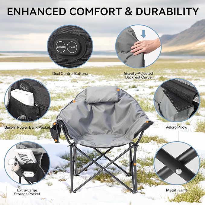 Oversized Heated Camping Chair Folding Heated Outdoor Chair with Back &amp Seat Heating Heavy Duty Support 400 lbs Portable Heated Camp Chair for PatioTailgating Picnic Battery NOT Included Gr