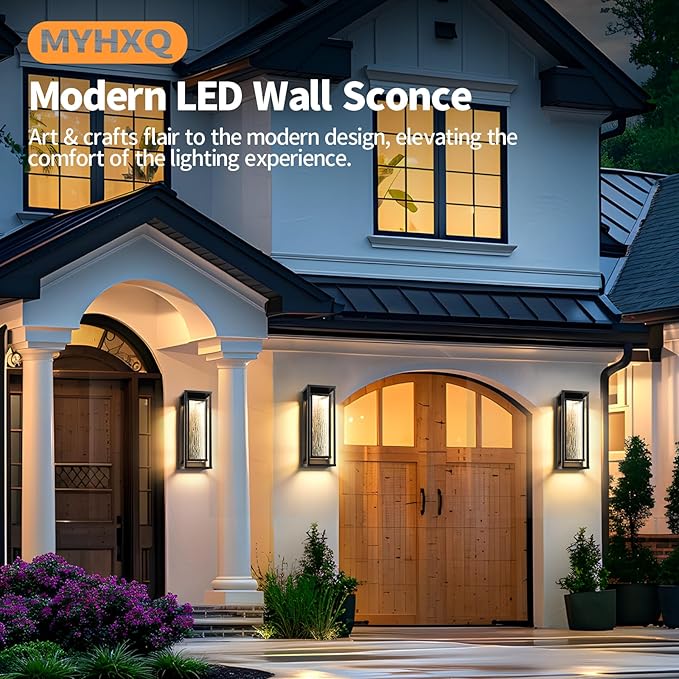 16'' LED Outdoor Wall Lights 2 Packs 3000K Porch Lights Outdoor Sconce Lights with Water Ripple Glass Modern Exterior Lighting Fixtures Outdoor Lantern Outside Lights for House Garage Patio Black