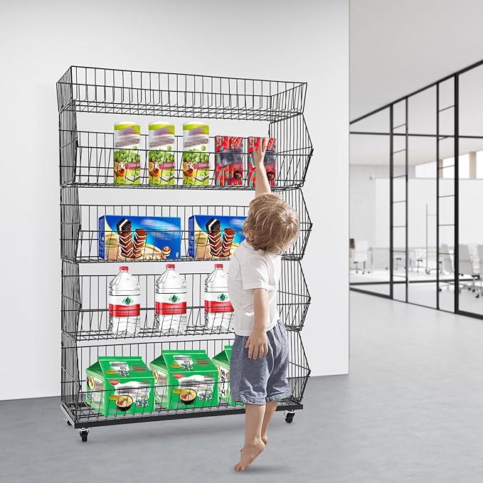 5-Shelf Retail Display Wire Shelving with Wheels and Hook Heavy-duty Metal Snack Display Organizer Retail Shelf for Supermarket Grocery Store Home Kitchen