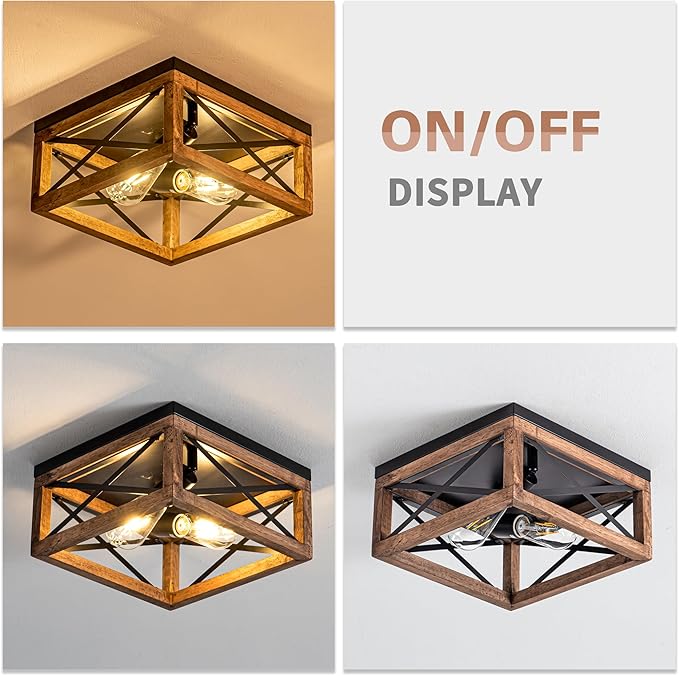 Flush Mount Ceiling Light Fixture for Kitchen Hallway 2-Light Close to Ceiling Light with Black Metal and Wood Design Rustic Farmhouse Ceiling (Bulb not Included)