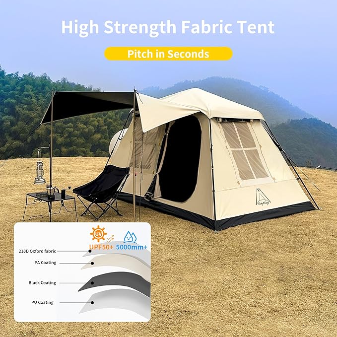 TENPLAY 2-4Person Instant Cabin TentPortable Pop Up TentOne-TouchSetup with 60sSpacious InteriorBlackCoatingWaterproof5000mmIncludes RainflyCanopy Blackout Tents for CampingHikingFamily