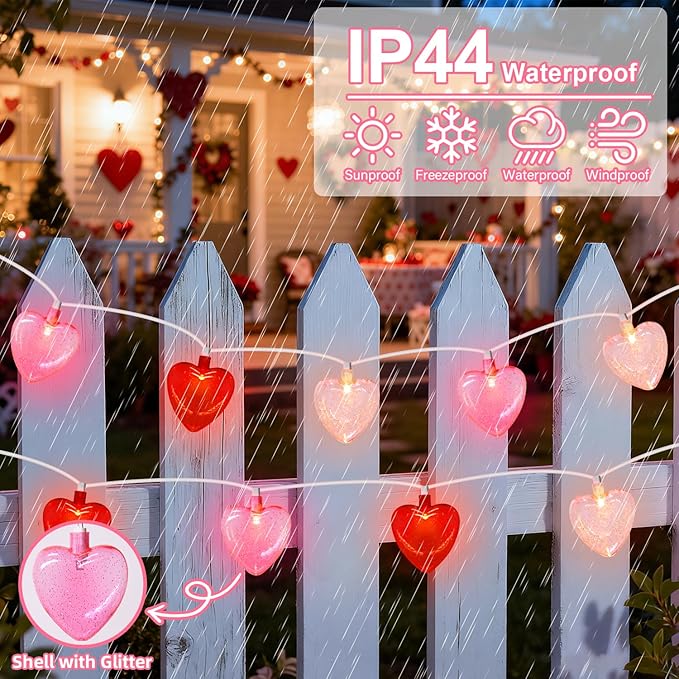20 LED Valentine's Day Decorations Heart Lights 12Ft Heart String Lights Outdoor Waterproof with 20 LED Red Pink White Hearts Shaped with Glitter for Room Door Windows Fence Valentines Day Decor