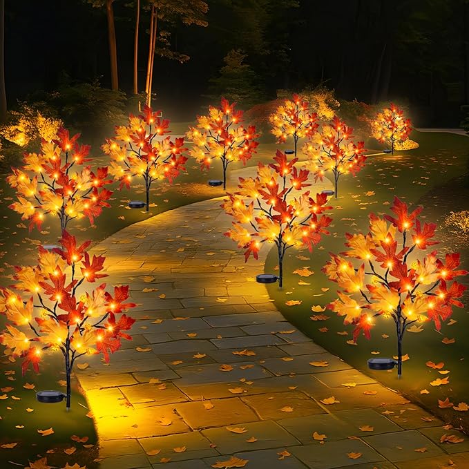 Fall Solar Pathway Lights 4PCS Autumn Outdoor Harvest Decorations Waterproof Maple Leaves Lights for Lawn Yard Garden Patio Walkway Driveway Landscape Lighting Auto On/Off