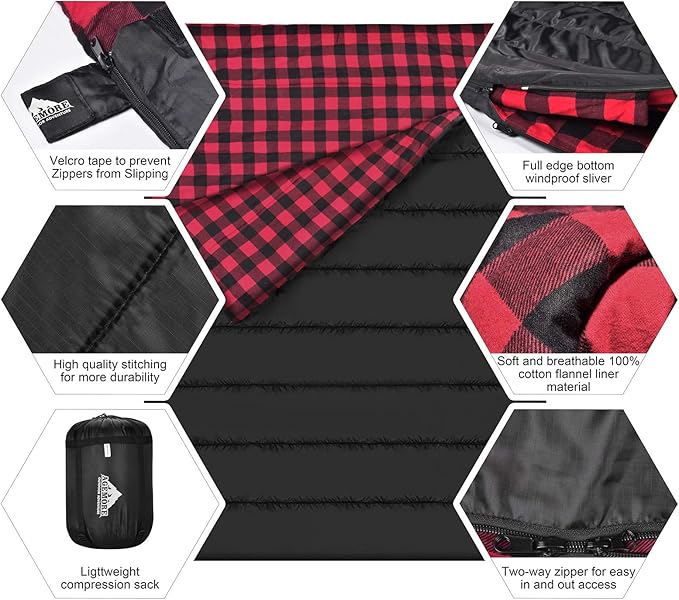AGEMORE Cotton Flannel Double Sleeping Bag for Camping Backpacking Or Hiking. Queen Size 2 Person Waterproof Sleeping Bag for Adults Or Teens. Lightweight with Compression Sack