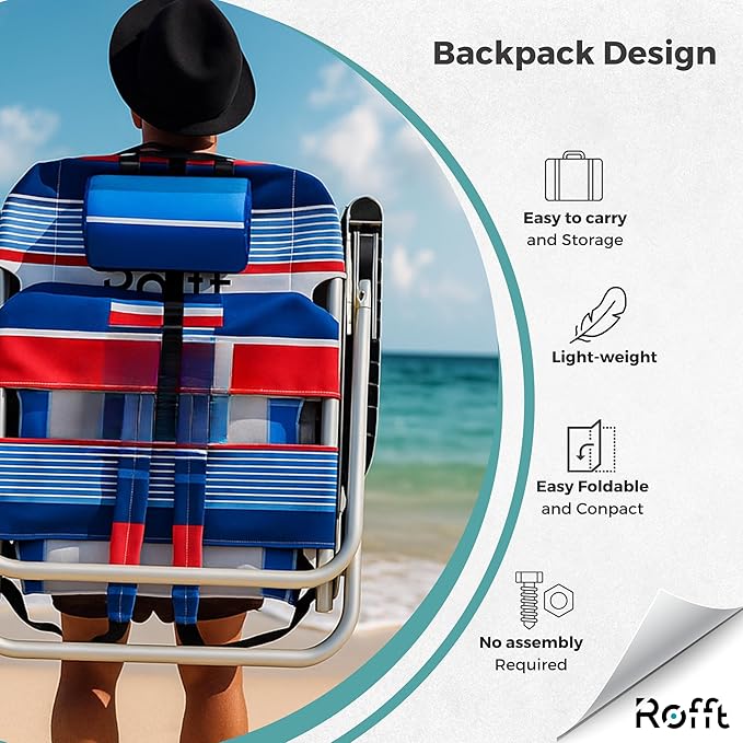 Heavy Duty Beach Chair 6 Positions Reclining for Adults Folding Lightweight with Backpack Straps Cooler Cup Holders Big Storage Pillow and Towel bar Lay Flat Position