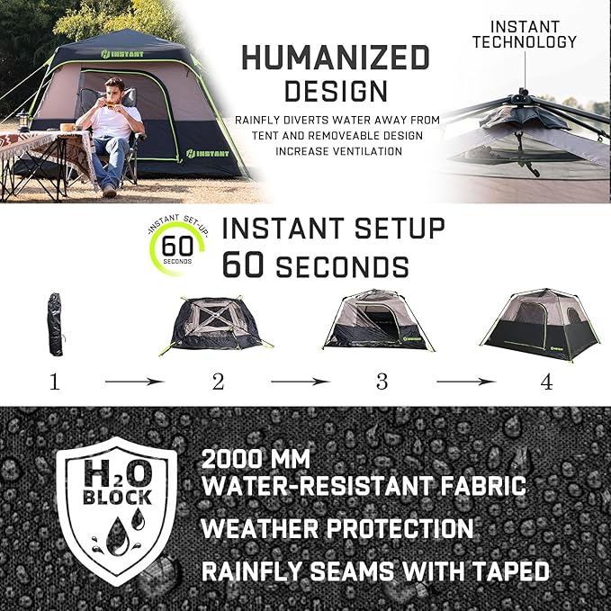 4/6/8 Person Instant Tent Waterproof Pop Up Tents for Camping with Rainfly 60 Seconds Easy Setup Automatic Cabin Tent for Family Camping with Expandable Carry Bag &amp Upgraded Ventilation