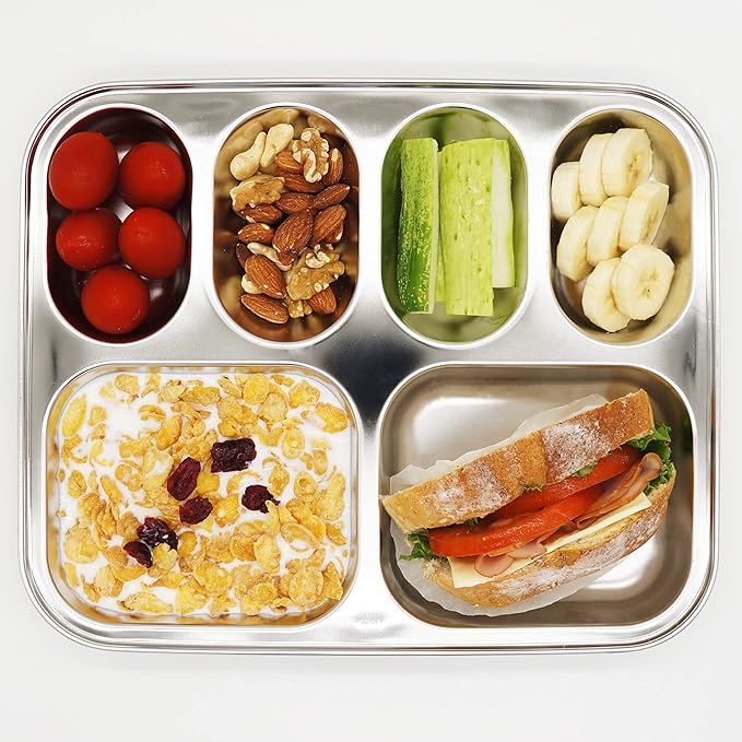 Korean Stainless Steel Divided Plates for Kids Adults Students Premium 304 Electro-Polished No Black Residue BPA-Free 6-Compartment Food Tray Picky Eaters Diet Portion Control Set of 2