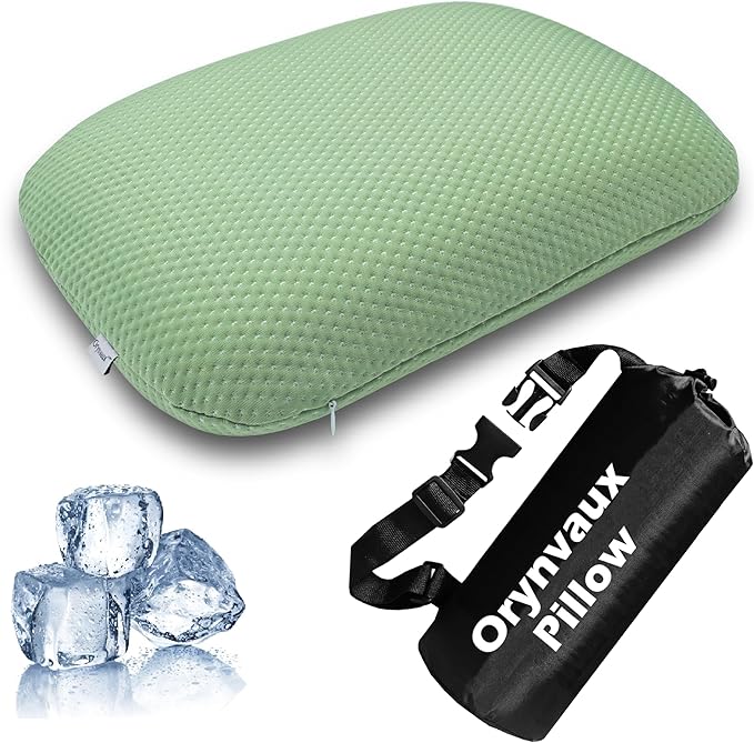 Cooling Camping Pillow Memory Foam Travel Pillow with Adjustable Buckle Strap &amp Storage Bag Compact Small Pillow for Airplane Car Lumbar Office Washable Cooling Cover Canopy Green