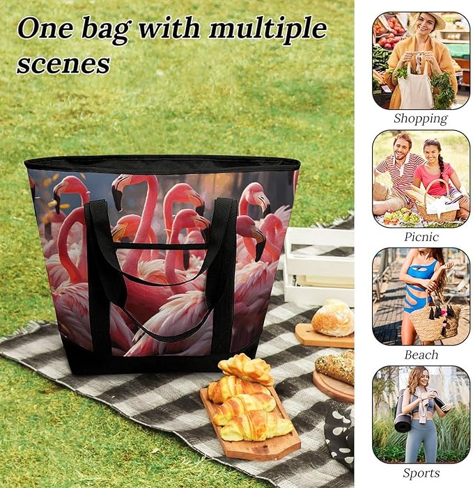 Insulated Shopping BagLarge Reusable Cooler Bags Flamingos Partying Printed Foldable Shopping BagTravel Waterproof Shoulder Bag