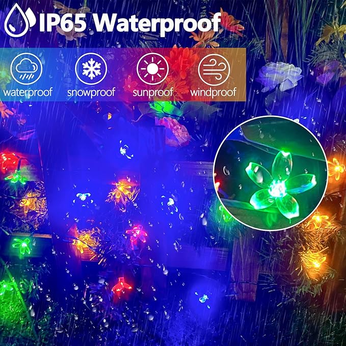 2PK 80LED 50FT Flower Solar String Lights Outdoor Waterproof Cherry Blossoms Multicolor Lights with 8 Lighting Modes Garden Decor for Outside Pathway Light for Fence Patio Yard