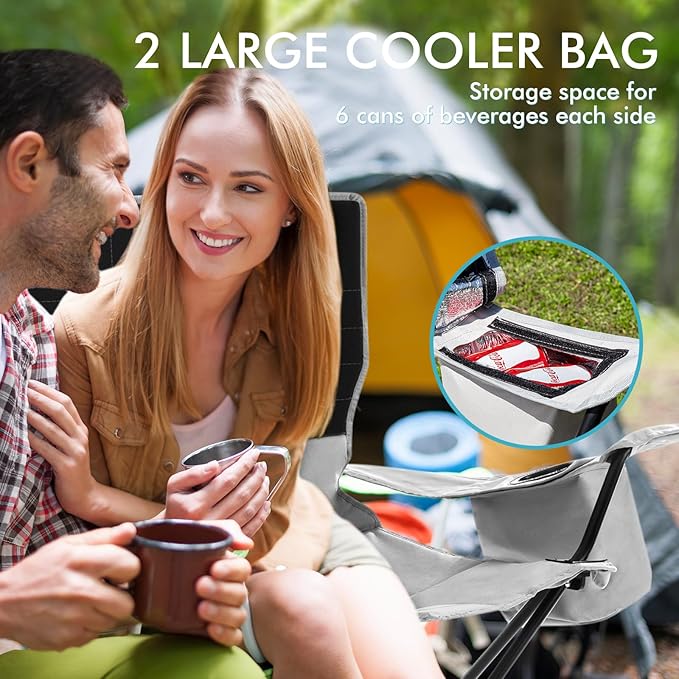 Double Camping Chair for Adults Folding Loveseat 2 Person Camping Couch with Cooler Bag Heavy Duty Oversized Lawn Chair Support 550 lbs for Outdoor Sports Fishing Beach Travel Picnic Gray