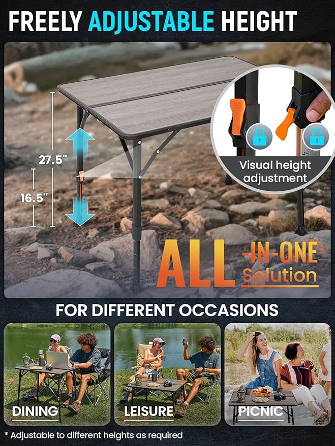 KingCamp Folding Glass Fiber Camping Table Portable Camp Table with Adjustable Height Aluminum Legs &amp Carry Bag for Outdoor Picnic Beach Party Indoor Use for 2-4 People