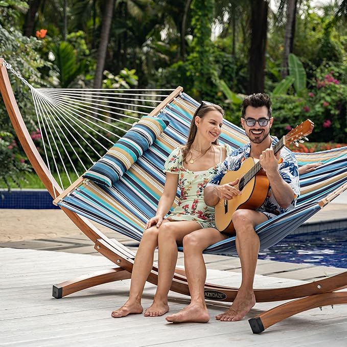 Lazy Daze Hammocks 12 FT Quilted Fabric Double Hammock with Spreader Bars and Detachable Pillow 450lbs Weight Capacity