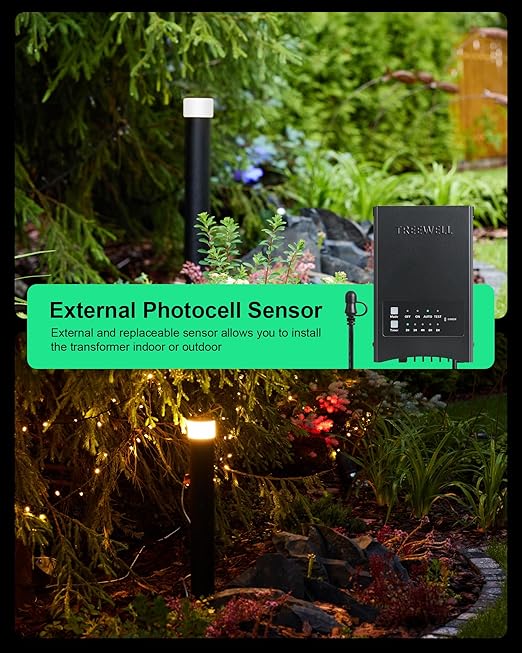 300W Low Voltage Landscape Transformer Outdoor Landscape Lighting Transformer with Photocell Sensor &amp Timer 120V AC to 12V/15V AC Weatherproof Transformer for Spotlight Pathway Light