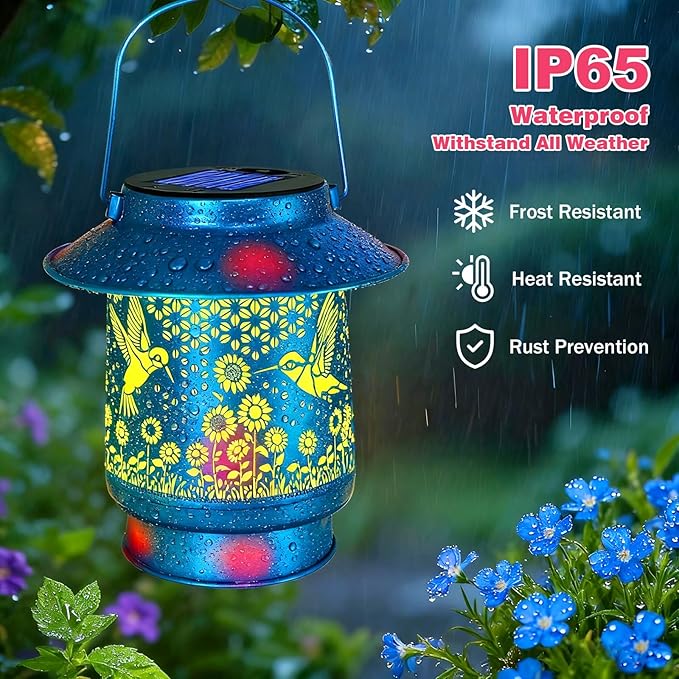 Hummingbird Solar Lanterns Outdoor Waterproof Brim Garden Decor Birthday Gifts for Women Mom GrandmaBlue Spray Paint Metal Hanging Solar Lights Outside Decorative for Yard Patio Backyard