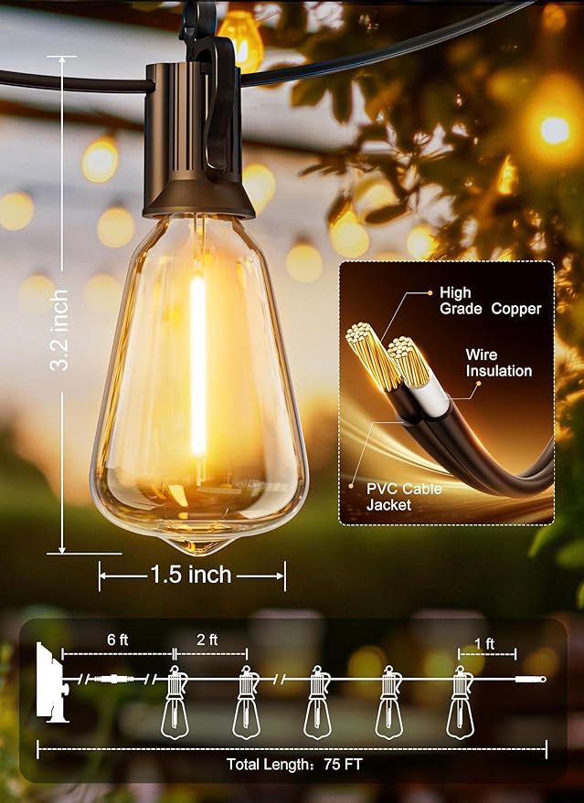 Brightown Solar String Lights Outdoor Waterproof 75FT with 35 Shatterproof ST38 LED Bulbs 2700K Solar Lights Outdoor with Remote Solar String Lights for Outside Camping Yard Party Decor